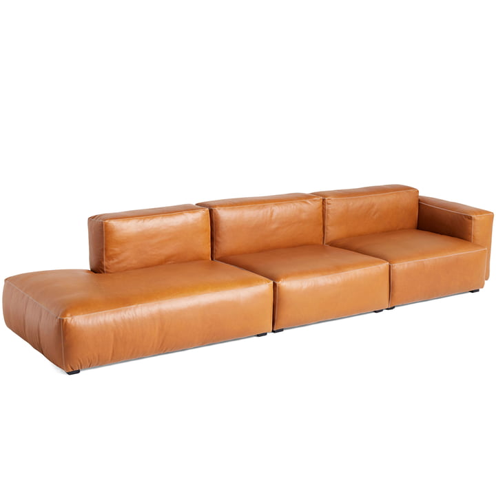 Mags Soft Sofa 3 seater combination 12 armrest low right of Hay in leather Cognac (Sense) / stitching light gray