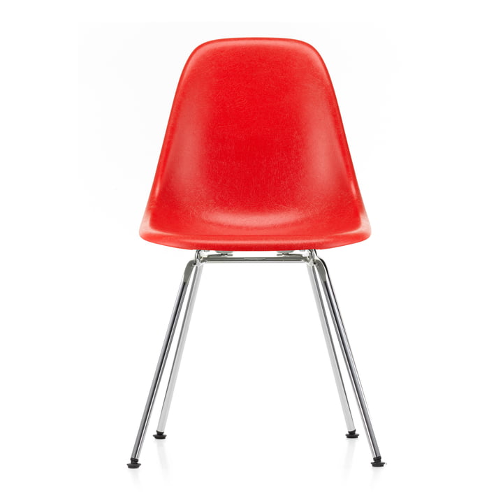 Eames Fiberglass Side Chair DSX by Vitra in chrome-plated / Eames classic red