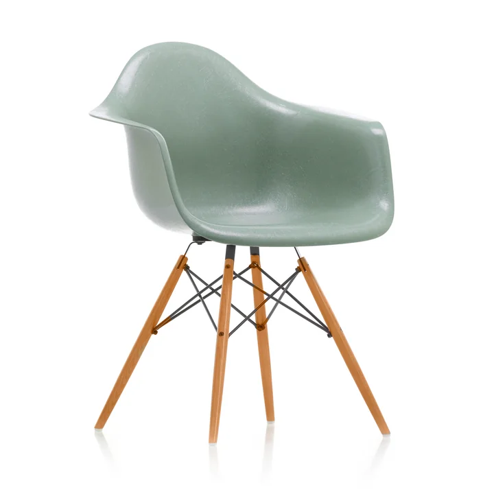 Eames Fiberglass Armchair DAW from Vitra in maple yellowish / Eames sea foam green