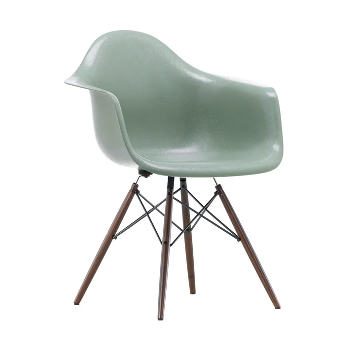 Eames Fiberglass Armchair DAW from Vitra in dark maple / Eames sea foam green