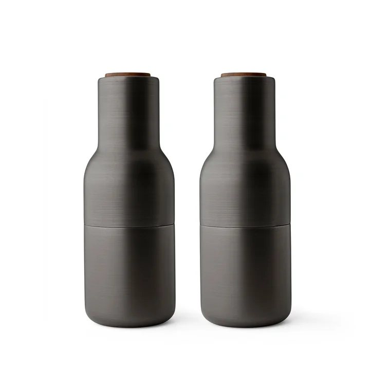 Bottle Salt and pepper mills set from Audo in burnished brass (wooden lid walnut)