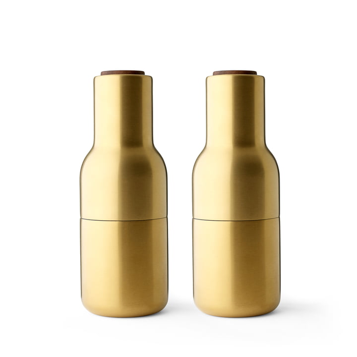 Bottle Salt and pepper mill set from Audo in brushed brass (wooden lid walnut)