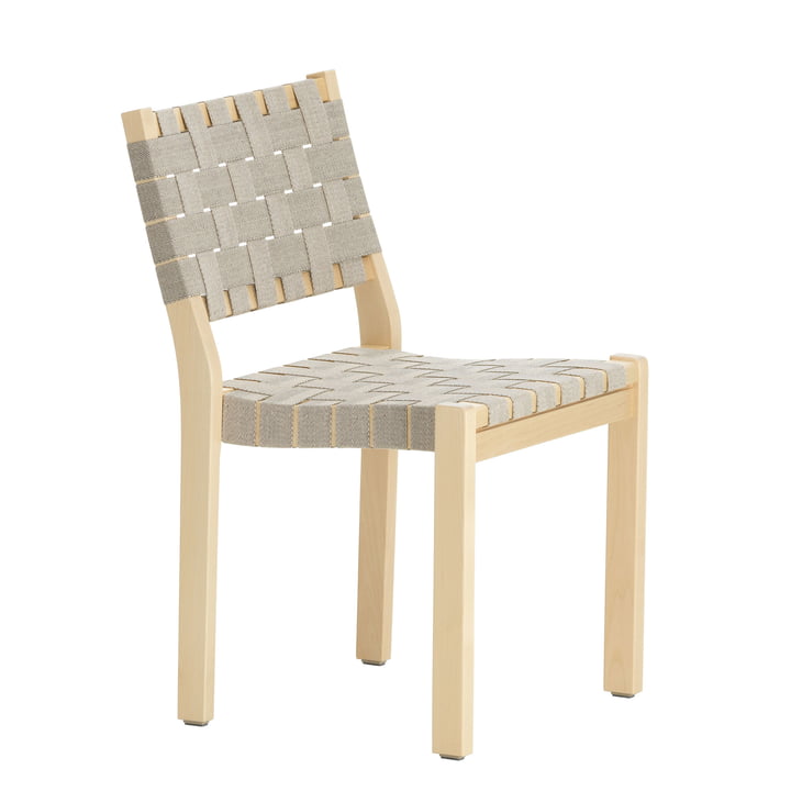 Chair 611 by Artek in birch clear lacquered / linen straps natural black patterned