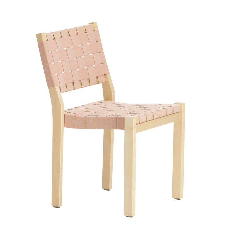 Chair 611 by Artek in birch clear lacquered / linen straps natural red patterned