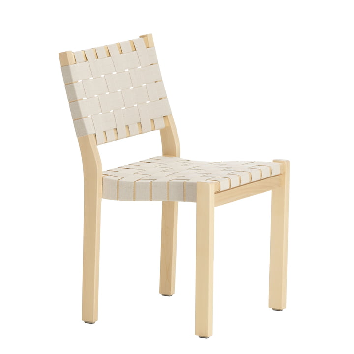 Chair 611 by Artek in birch birch clear lacquered / linen straps nature-white patterned