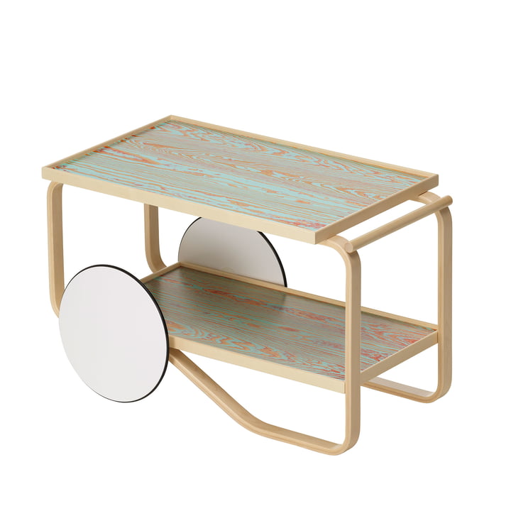 901 Serving trolley ColoRing Edition by Artek in shelf surface red-turquoise / birch wood edge / wheels white lacquered