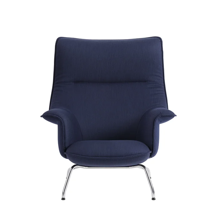 Doze Lounge Chair with ottoman from Muuto with chrome base frame / dark blue cover (Balder 782)