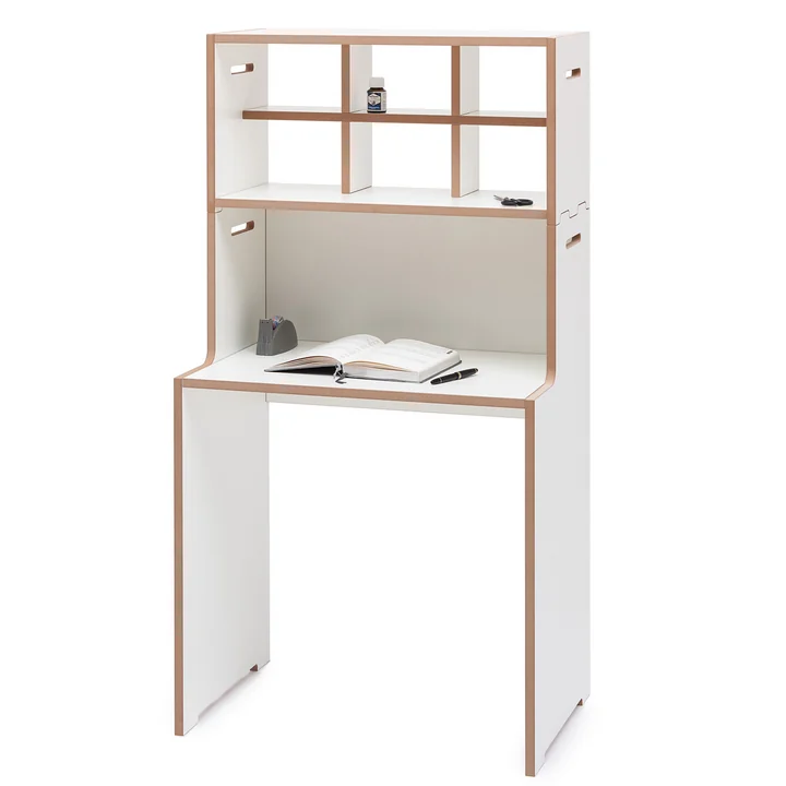 writing desk with high stacker shelf module from Tojo