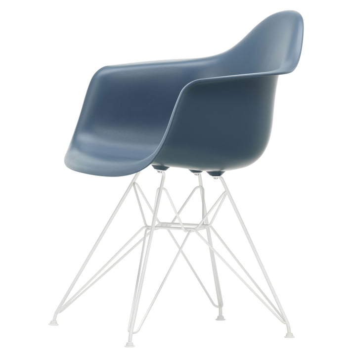 Eames Plastic Armchair DAR from Vitra in white / sea blue (white felt glides)