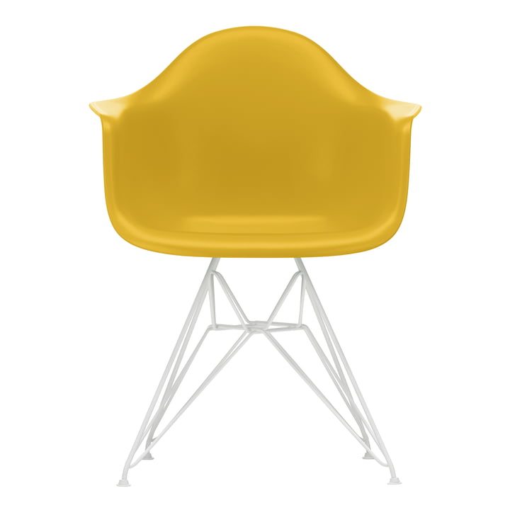 Eames Plastic Armchair DAR from Vitra in white / mustard (felt glides white)
