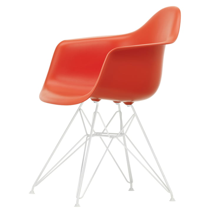 Eames Plastic Armchair DAR from Vitra in white / poppy red (white felt glides)