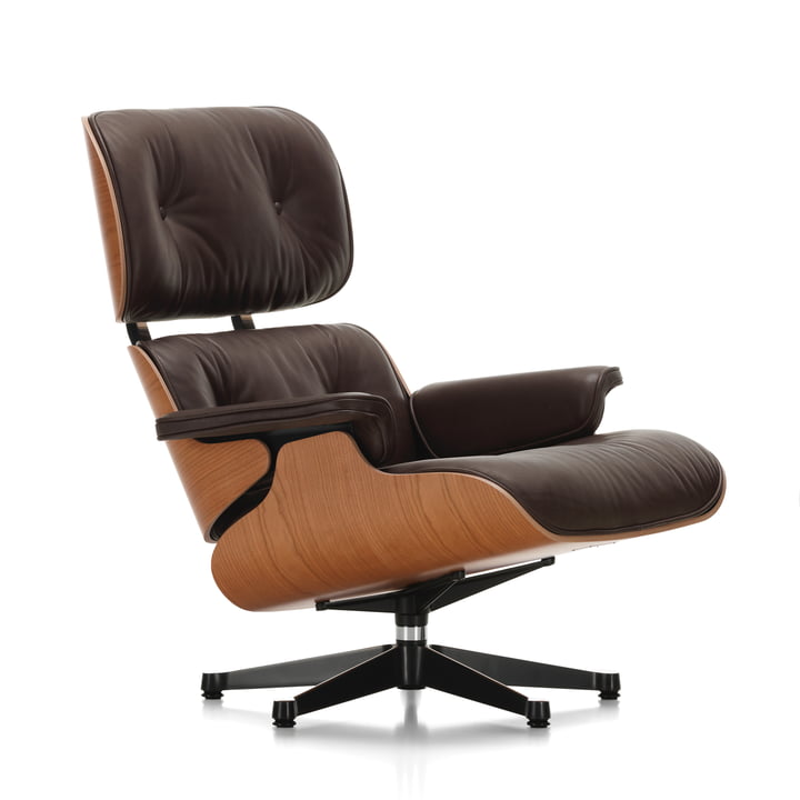 The Lounge Chair from Vitra in the version polished / sides black, cherry, leather premium chocolate (classic)