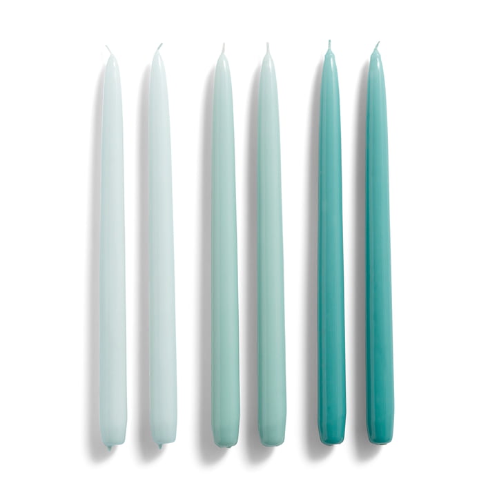 Conical candles H 33 cm, ice blue / arctic blue / teal (set of 6) by Hay .