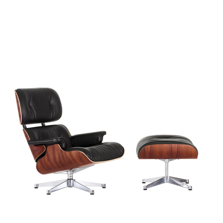 Vitra - Lounge Chair & Ottoman, polished, Santos rosewood, premium leather nero