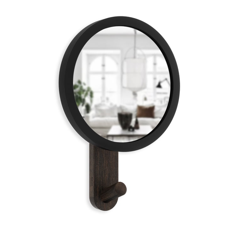 The Hub wall hook with mirror from Umbra in black / walnut