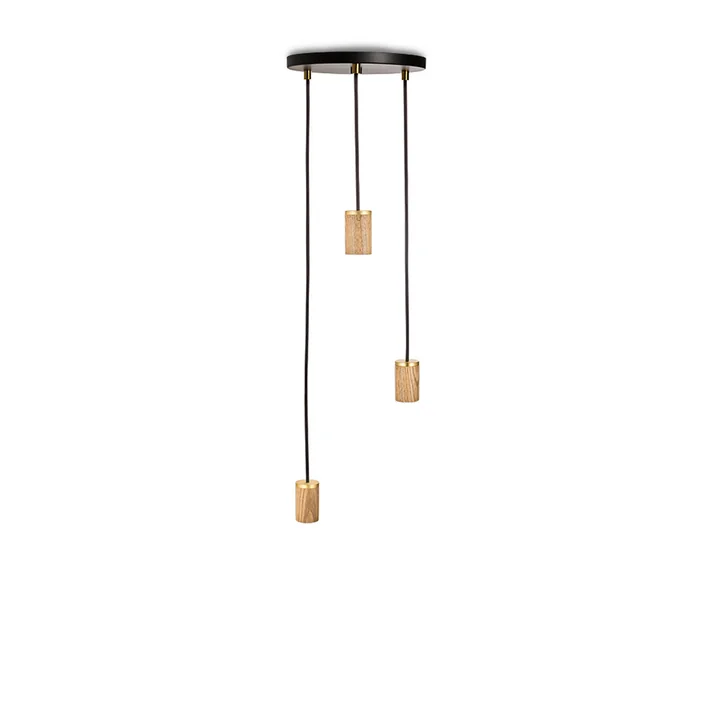 Brass Triple Pendant lamp, black / oak / brass from Tala