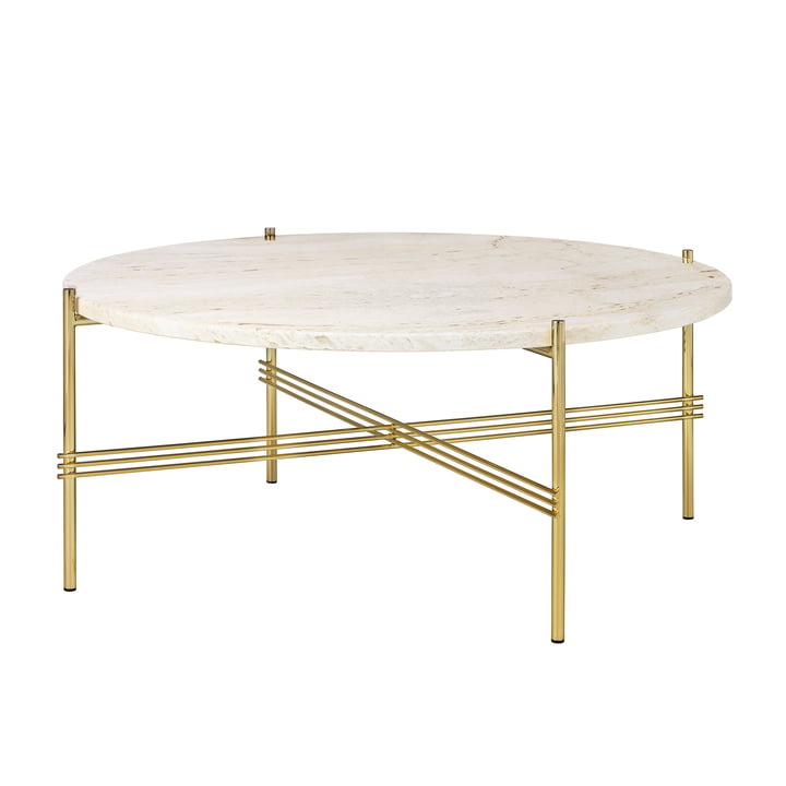 Travertine Coffee table, Ø 80 cm, brass / white by Gubi