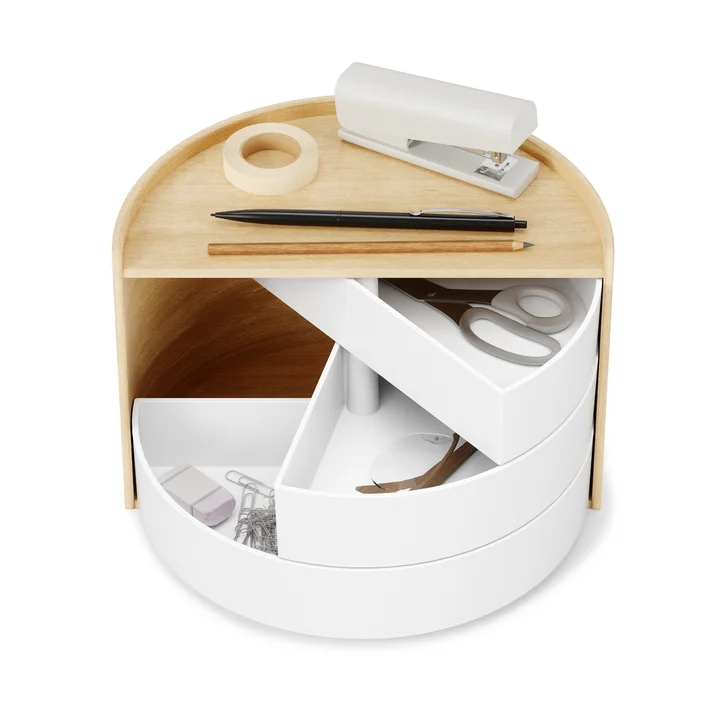 The Moona storage box from Umbra in white / natural with office material