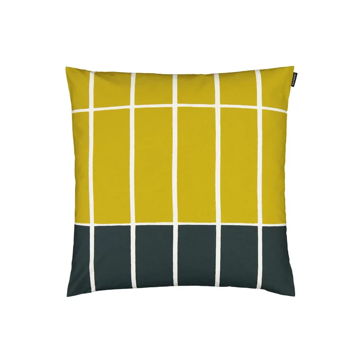 The Tiiliskivi Pillowcase from Marimekko in dark green / beige / lime, 50 x 50 cm