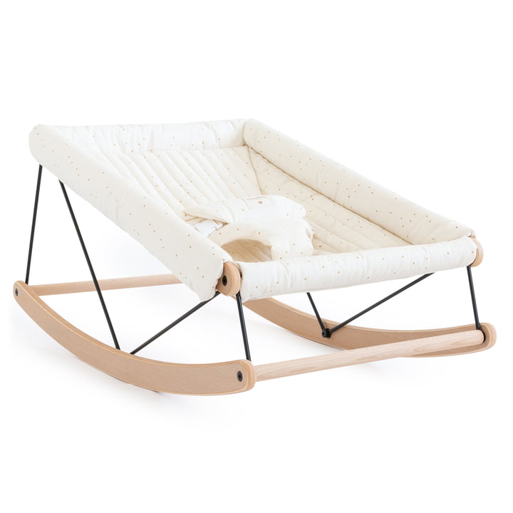 Growing Green Baby bouncer with cushion from Nobodinoz in honey sweet dots natural