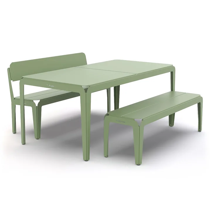 The table and bench from the Bended series by Weltevree in pale green