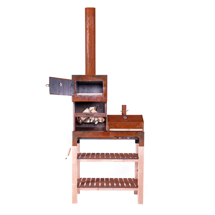 The Outdoor steel stove XL on the underframe of Weltevree