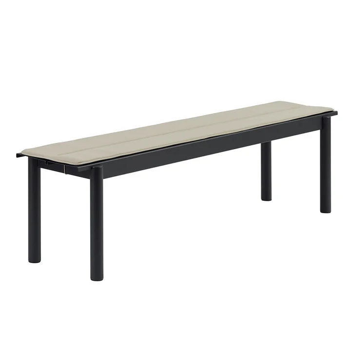 Linear Steel Bench 170 cm from Muuto in black with seat cushion in gray