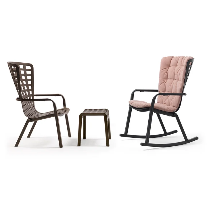 The Folio outdoor armchair, the rocking chair, the Poggio stool and the seat cover from Nardi