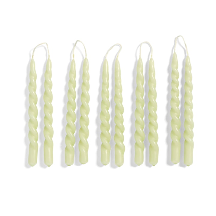 Swirl Stick candles in the colour light green in a set of 10