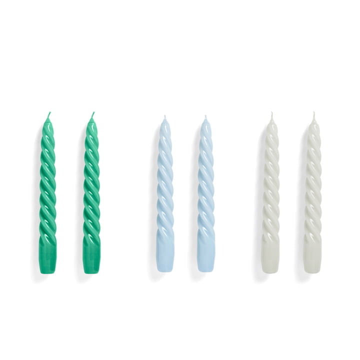 Spiral Stick candles H 20 cm, green / light blue / light gray (set of 6) by Hay