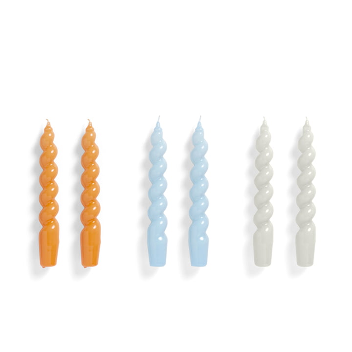 Spiral Stick candles H 19 cm, tangerine / light blue / light gray (set of 6) by Hay