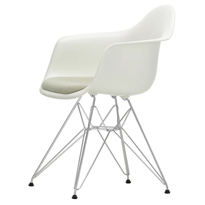 Eames Plastic Armchair DAR with seat cushion from Vitra in chrome / white (basic dark felt glides)