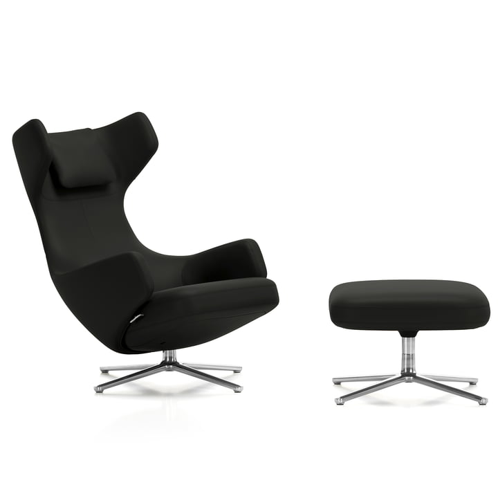 Grand Repos Armchair and ottoman from Vitra in version leather L20 black (66 nero) / polished aluminum