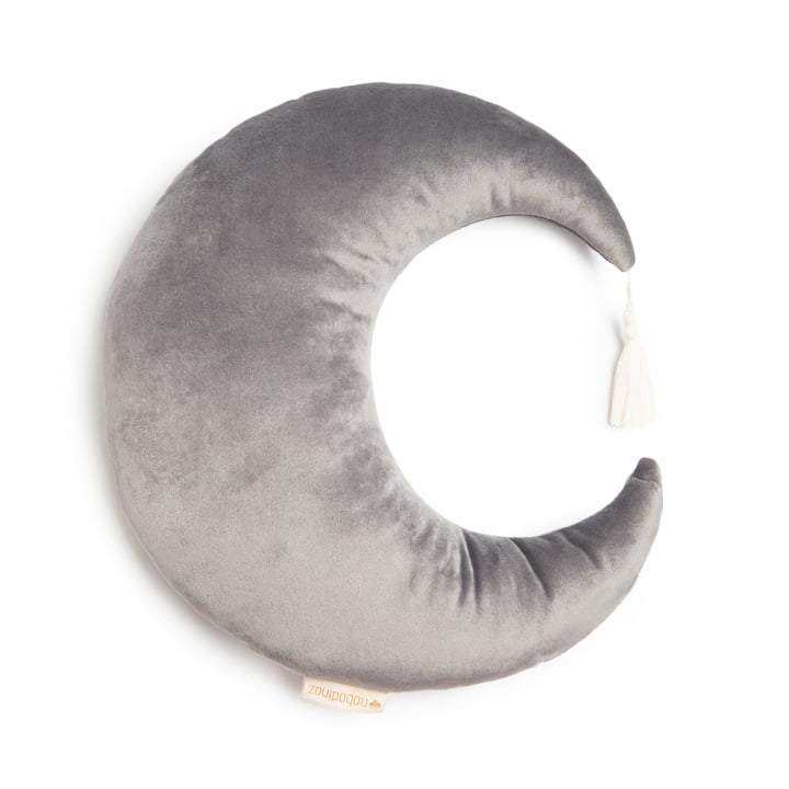 Pierrot Moon velvet pillow by Nobodinoz in color slate grey