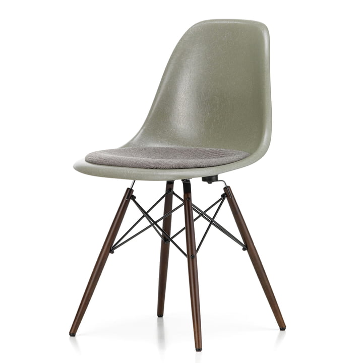 Eames Fiberglass Side Chair DSW with seat cushion from Vitra in dark maple / Eames raw umber / warmgrey/moor brown