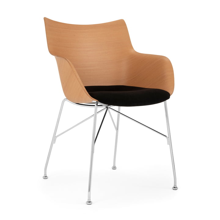 Q/Wood armchair from Kartell with seat upholstery in chrome / black / light beech