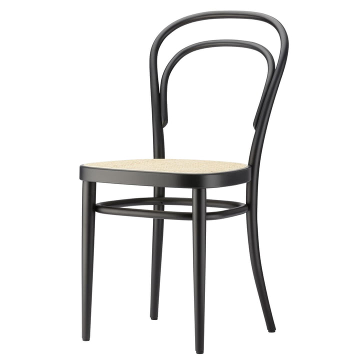214 bentwood chair, wickerwork with plastic support fabric / ash natural wood lacquer black (Pure Materials) by Thonet