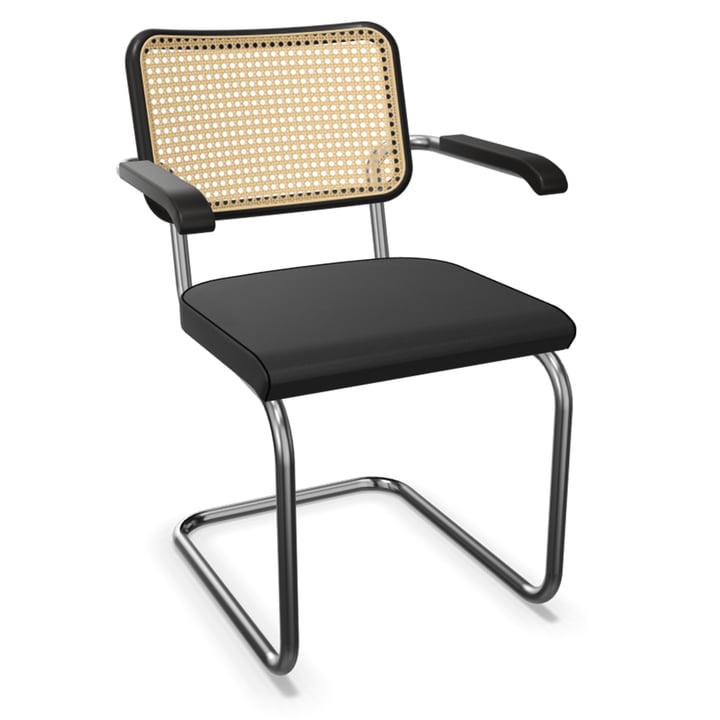 S 64 SPV armchair, chrome / beech stained black (TP 29) / seat upholstered black with cross stitching of Thonet
