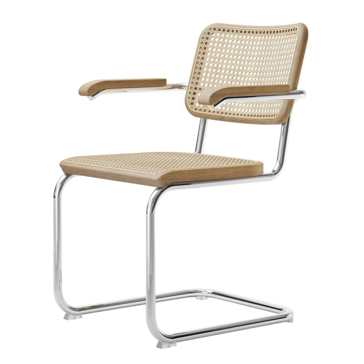 S 64 V Armchair, chrome / natural oak / wickerwork with support fabric (Pure Materials) by Thonet