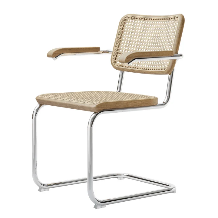 S 64 V Armchair, chrome / natural oak / wickerwork with support fabric (Pure Materials) by Thonet