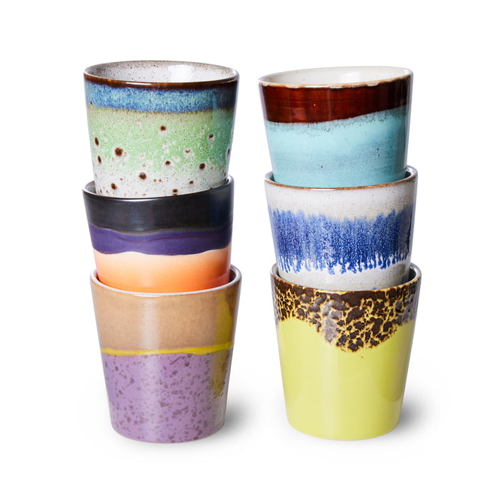 HKliving - 70's Coffee mug, Pluto (set of 6) 180 ml, multicolor