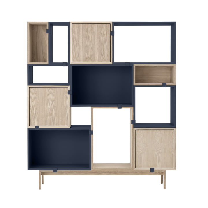 Stacked Shelving system configuration 6 from Muuto in the finish midnight blue / oak
