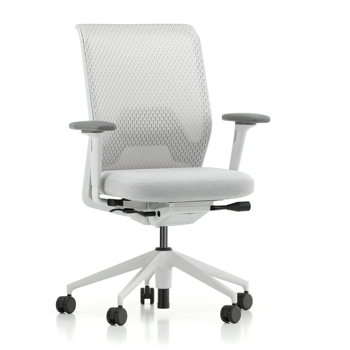 ID Mesh Office chair aluminum frame, cream white / sierra gray, FlowMotion with forward tilt / seat depth adjustment, 2D armrests (castors for hard floors) by Vitra