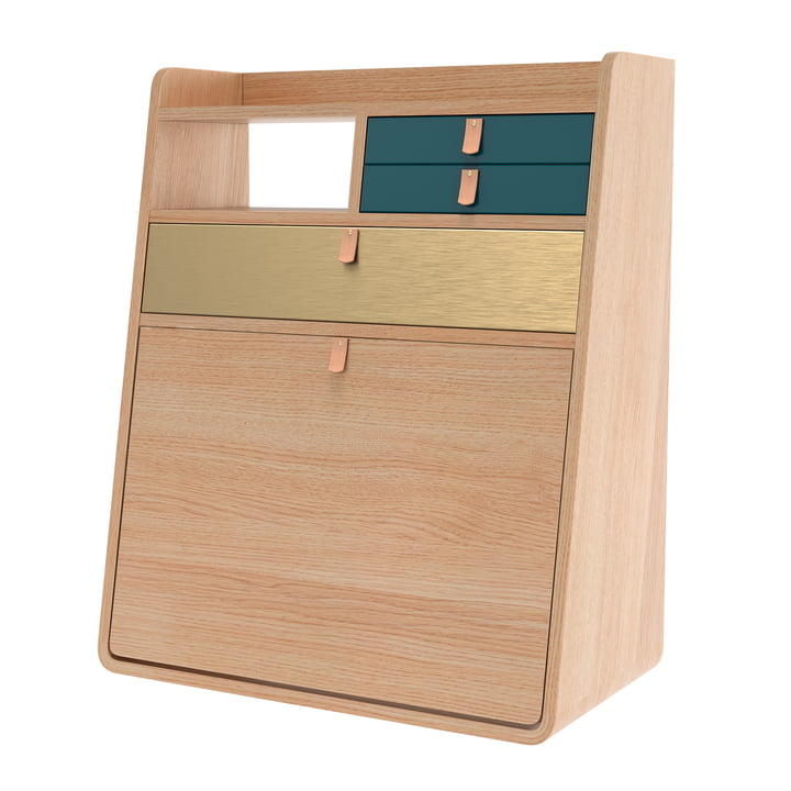 Gaston Wall-mounted secretary 60 cm, natural oak, brass / petrol by Hartô