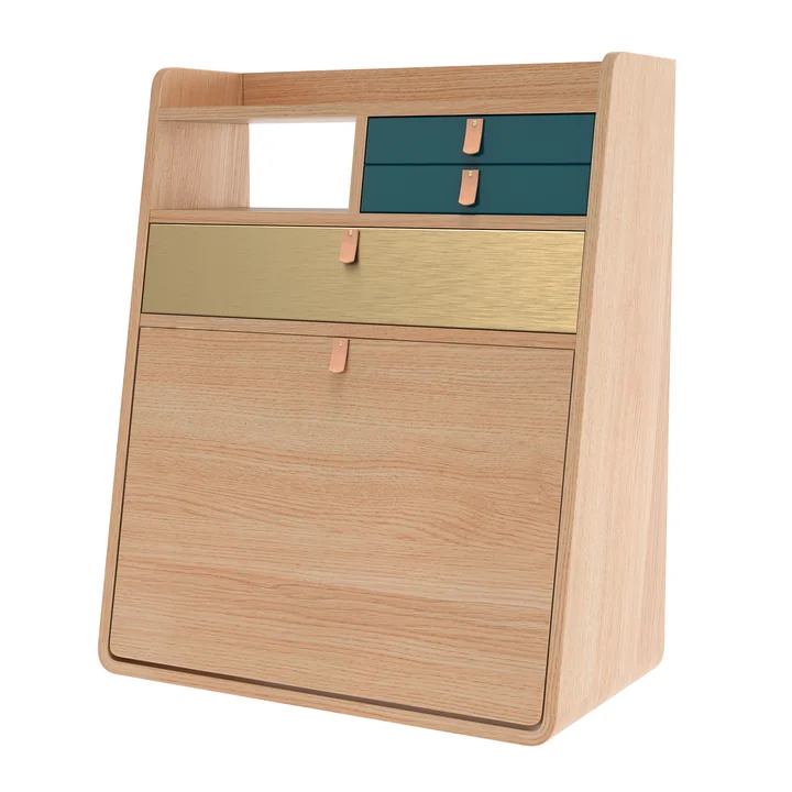 Gaston Wall-mounted secretary 60 cm, natural oak, brass / petrol by Hartô