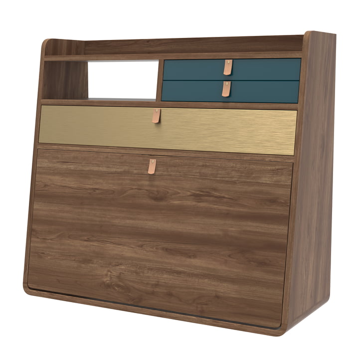 Gaston Wall-mounted secretary 80 cm, natural walnut, brass / petrol by Hartô