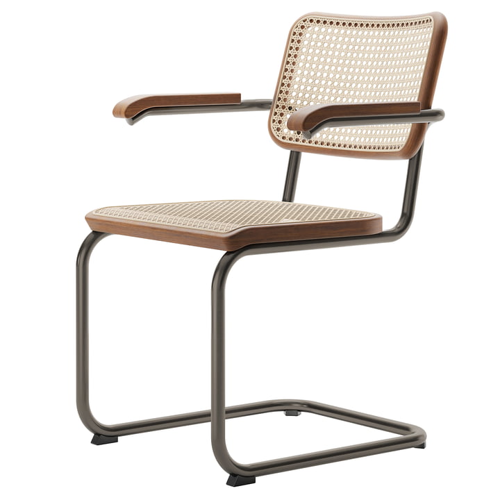 S 64 V armchair, smoke chrome matt / walnut / wickerwork with support fabric (special edition 2022) by Thonet