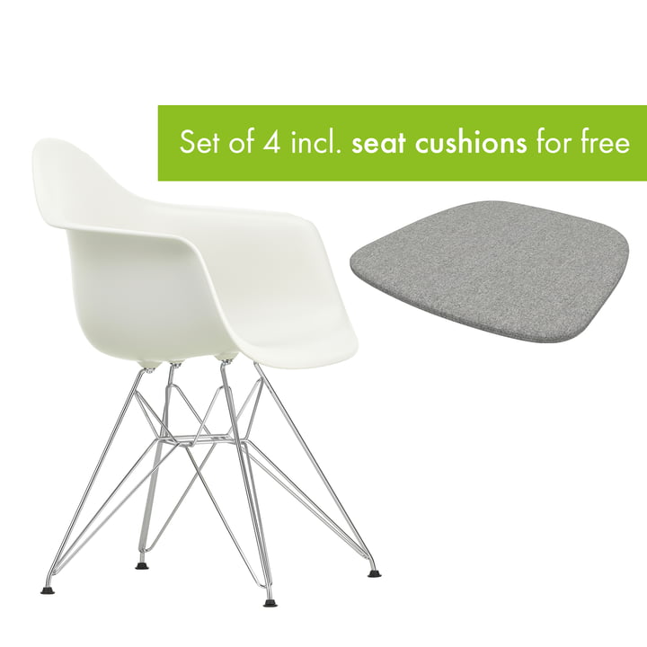 Eames Plastic Armchair DAR from Vitra in the version chrome / white incl. seat cushion in the version pebble grey