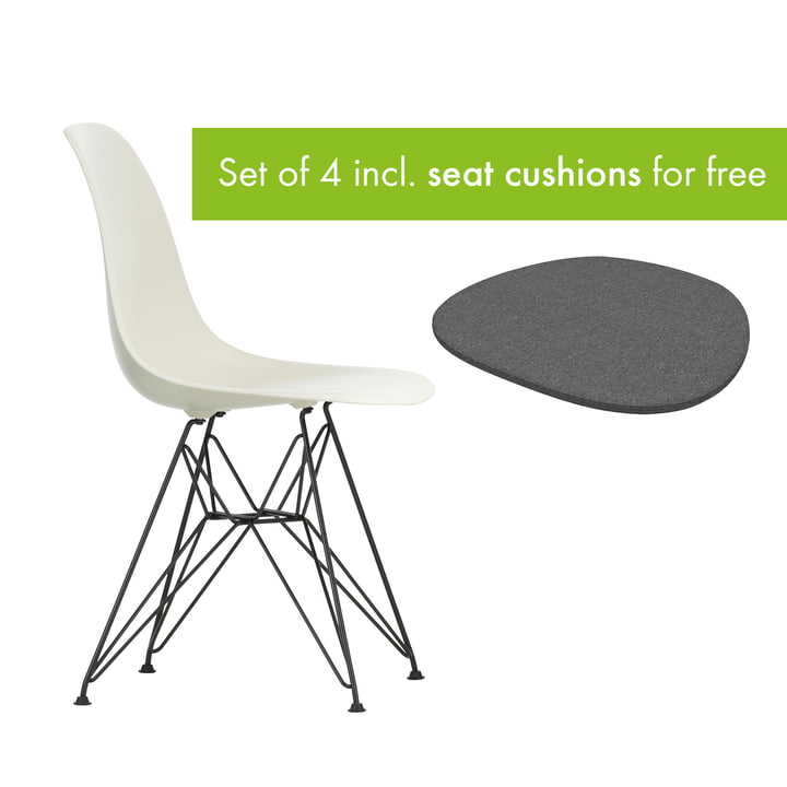 Eames Plastic Side Chair DSR from Vitra in the version basic dark / pebble incl. seat cushion in the version classic grey