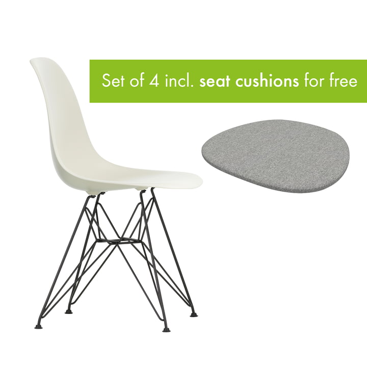 Eames Plastic Side Chair DSR from Vitra in the version basic dark / pebble incl. seat cushion in the version pebble grey